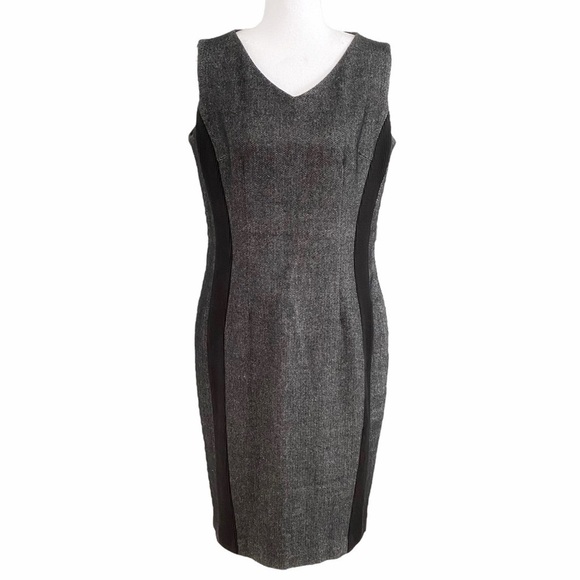 IRIS SETLAKWE WOOL LINEN BLEND GREY CHEVRON BLACK RIBBED INSERTION FORMAL DRESS - Picture 1 of 12